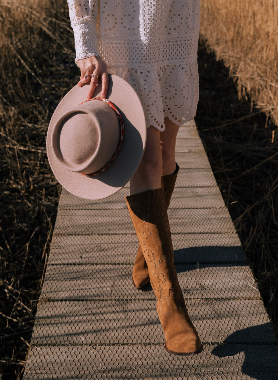 high suede flower boots brown
