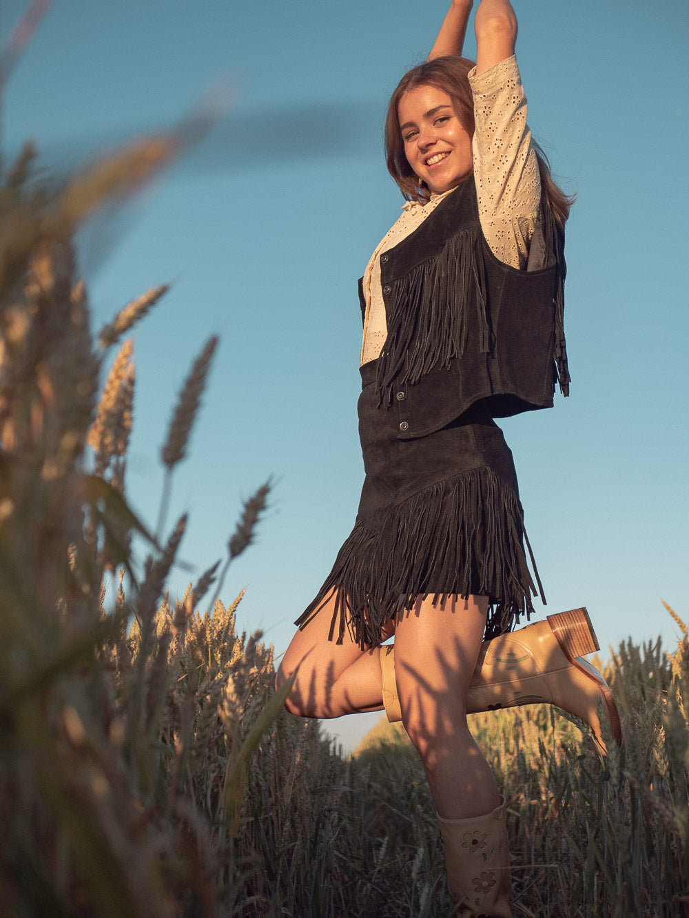 Vintage leather cowboy fringe set black