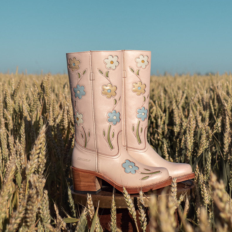 Sendra leather floral boots pink